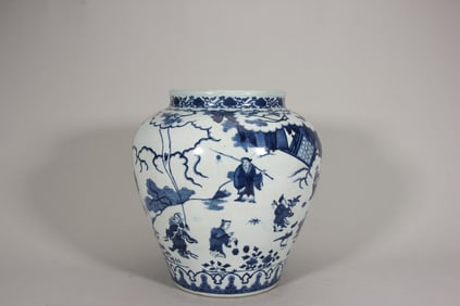 MING DYNASTY BLUE AND WHITE FIGURE JAR