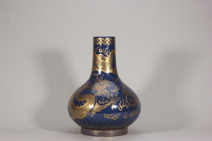 QING DYNASTY BLUE AND GOLD DRAGON PATTERNED ZUN
