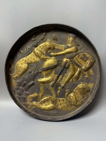 TANG DYNASTY SILVER GILDED PERSIAN FIGURE HUNTING PLATE