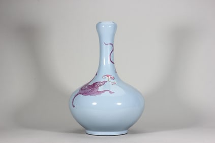 QING DYNASTY SKY BLUE GLAZE ROUGE RED DRAGON PATTERN GARLIC VASE