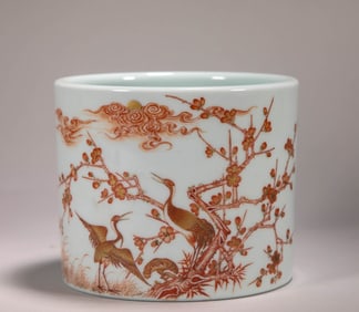 QING DYNASTY RED PINE AND CRANE BRUSH HOLDER