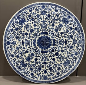 QING DYNASTY BLUE AND WHITE EIGHT TREASURES LOTUS PORCELAIN PLATE