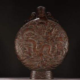 QING DYNASTY AGARWOOD DRAGON-PATTERNED FLAT BOTTLE