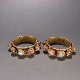 QING DYNASTY SILVER GILT BRACELET INLAID WITH GEMSTONES
