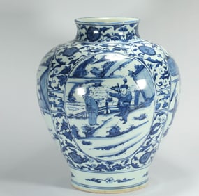 MING DYNASTY BLUE AND WHITE FIGURE JAR