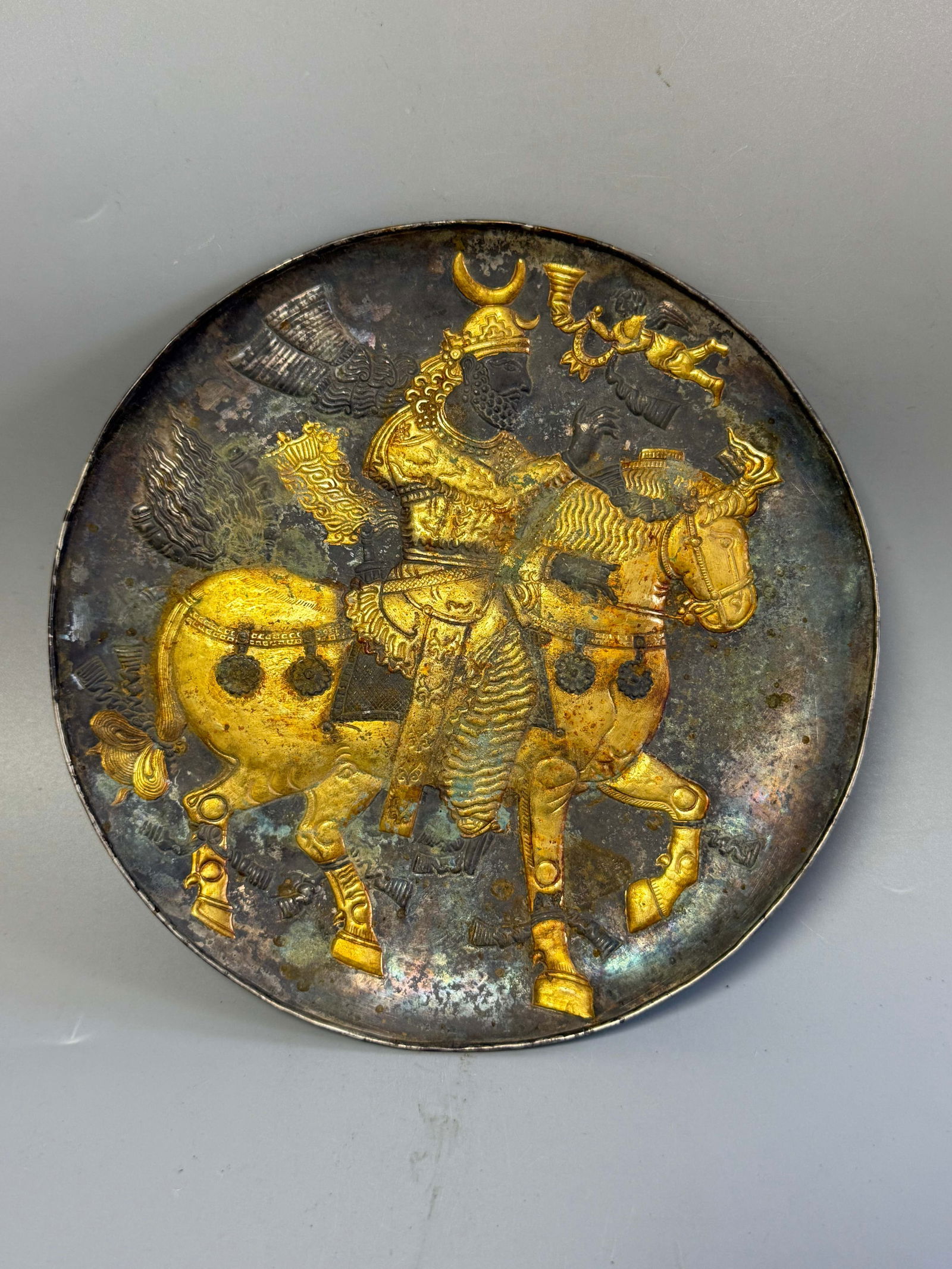 TANG DYNASTY SILVER GILDED PERSIAN FIGURE PLATE (1 of 5)