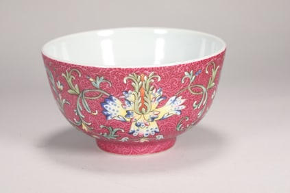 QING DYNASTY ROUGE RED DARK-ENGRAVED FAMILLE ROSE FLOWER BOWL
