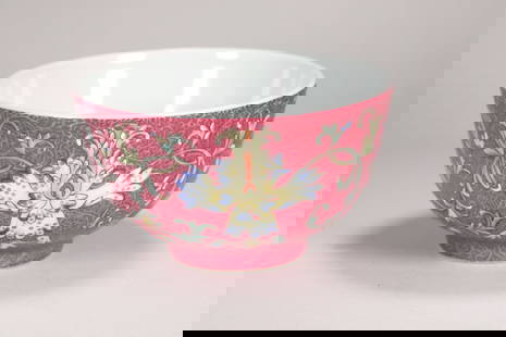 QING DYNASTY ROUGE RED DARK-ENGRAVED FAMILLE ROSE FLOWER BOWL: Name QING DYNASTY ROUGE RED DARK-ENGRAVED FAMILLE ROSE FLOWER BOWL Dimensions H:5CM L:9CM Condition Additional photographs and Condition reports are provided by request as a courtesy to