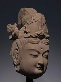 TANG DYNASTY RED SANDSTONE BUDDHA HEAD