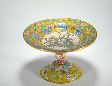 QING DYNASTY COPPER-BASED PAINTED ENAMEL FLOWER AND BIRD OFFERING PLATE
