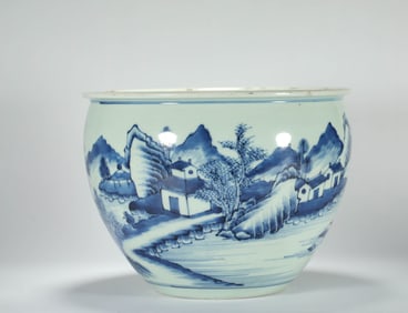 QING DYNASTY BLUE AND WHITE LANDSCAPE JAR