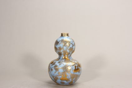 QING DYNASTY SKY BLUE GLAZE GOLD GOURD BOTTLE