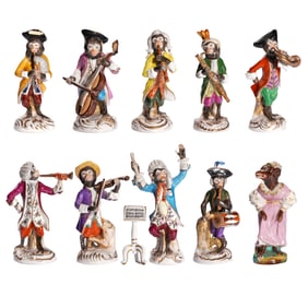 A Group of Porcelain Figurines of Monkey Band by Meissen Company