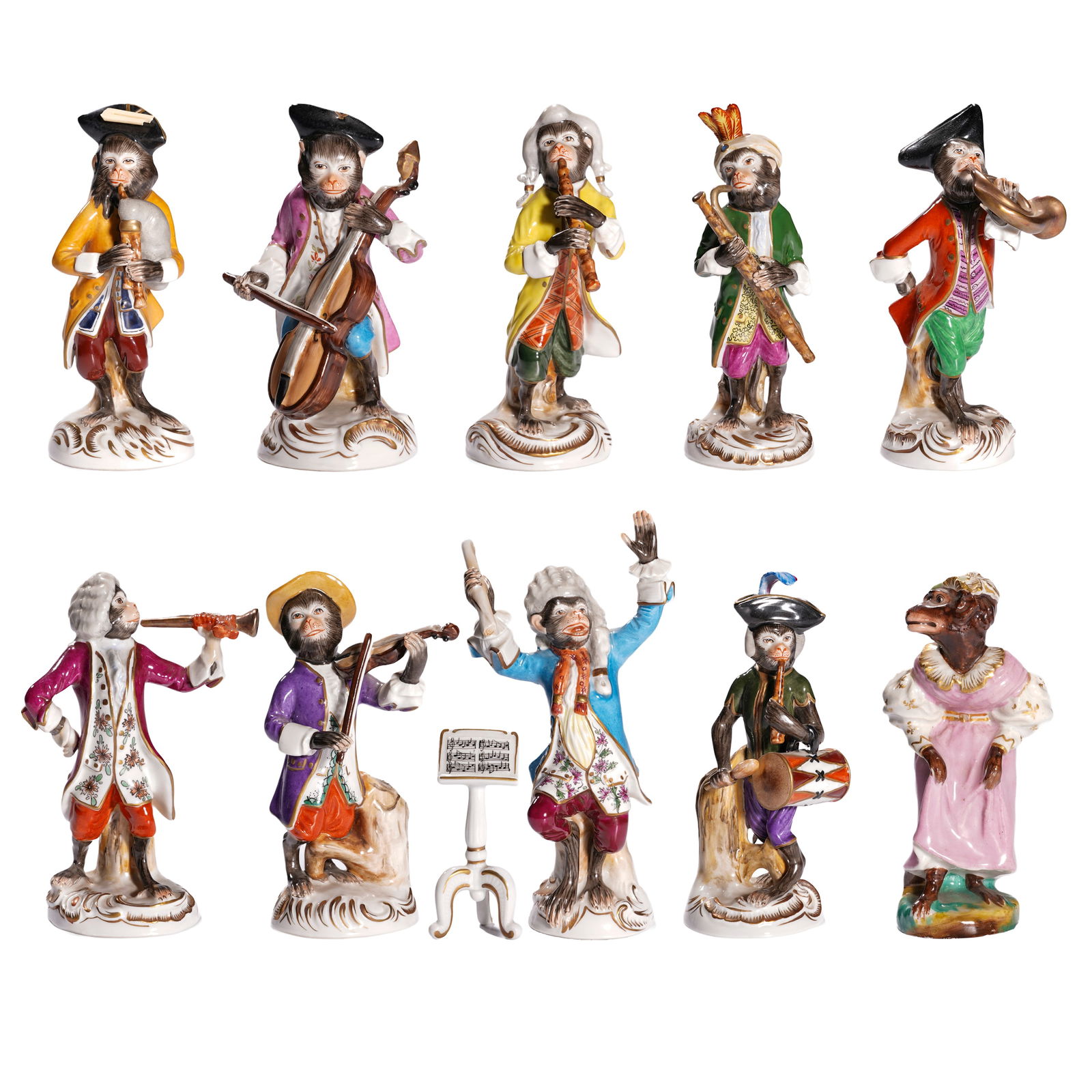 A Group of Porcelain Figurines of Monkey Band by Meissen Company