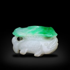 Qing Dynasty Jadeite pendant of a lotus leaf and mandarin fish