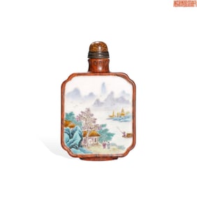 Qing Qianlong Wood - grain - imitation Glazed Snuff Bottle with Openwork Landscape and Figure and