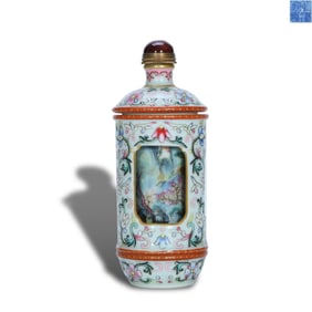 Qianlong period Qing Dynasty Famille rose revolving-body snuff bottle with landscape and figure