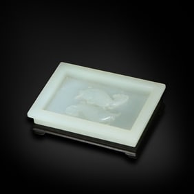 Qing Dynasty Hetian white jade brush rest with double fish patterns
