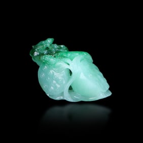 Qing Dynasty Jadeite hand pendant carved with frog and lotus seed pod