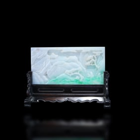 Qing Dynasty Jadeite table screen carved with landscape and scholar figure scenes