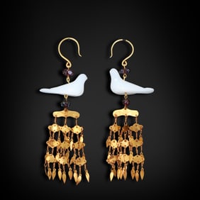 Ming Dynasty Pure gold earrings inlaid with Hetian jade, featuring bird