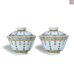 Qing Jiaqing period a pair of pastel-colored covered bowls with imperial inscriptions and poems