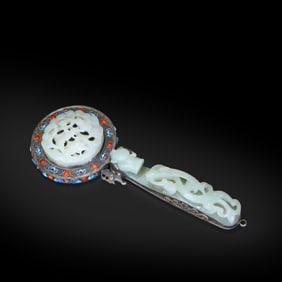 Qing Dynasty Silver cloisonn?? hand mirror with Hetian white jade dragon-hook handle