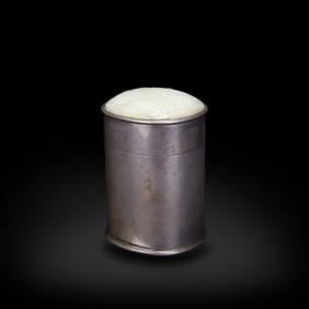 Qing Dynasty Silver tea caddy inlaid with Hetian white jade carved with pomegranate patterns
