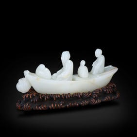 Qing Dynasty Hetian white jade ornament of a scholar boating
