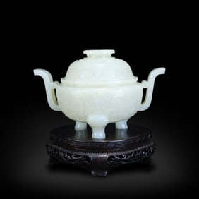 Qing Dynasty Hetian white jade three-footed censer with beast mask patterns and court crown-shaped