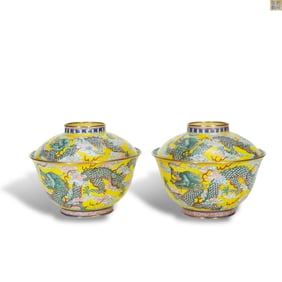 Qianlong period Qing Dynasty Pair of copper-body painted enamel covered bowls with dragon-cloud