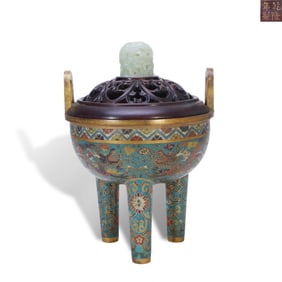 Qianlong period Qing Dynasty Copper-body cloisonn?? three-legged censer with makara