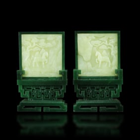 Qianlong period Qing Dynasty Pair of Hetian green jade ornaments inlaid with yellow jade, depicting