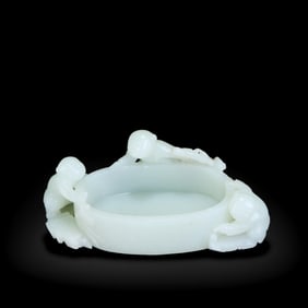 Qing Dynasty Hetian white jade brush washer carved with "children at play" patterns