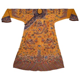 Qing Dynasty Bright Yellow Satin Embroidered Dragon Robe with Cloud and Gold Dragon Patterns and
