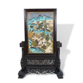 Qing Dynasty Red sandalwood table screen inlaid with cloisonn??, featuring landscape and figure