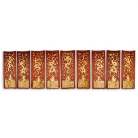 Qing Dynasty Set of gold-thread embroidery hanging screens with dragon motifs on "sea waves and