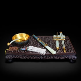 Qianlong period, Qing Dynasty A set of cloisonn?? tableware inlaid with white jade