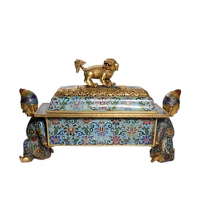 Qing Qianlong Cloisonne Incense Burner with Lion Button and Pattern of Hu People Offering Treasures