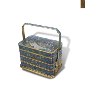 Qianlong period, Qing Dynasty Cloisonn?? three-tiered carrying box with landscape and figure