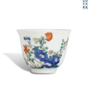 Qing Dynasty Kangxi period Wucai "flower deity cup" for April, with peony