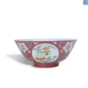 Daoguang period Qing Dynasty Bowl with inner blue-and-white and outer carmine red ground, embossed