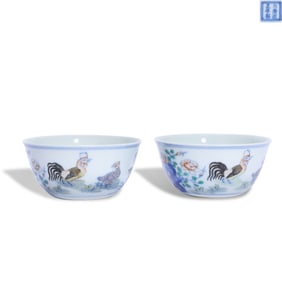 Yongzheng period Qing Dynasty Pair of doucai chicken-and-jar cups