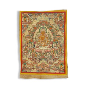 Qing Dynasty Thangka on cowhide depicting Maitreya's Pure Land