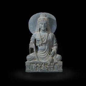 2nd-3rd century Seated Buddha statue made of grey schist in Gandhara