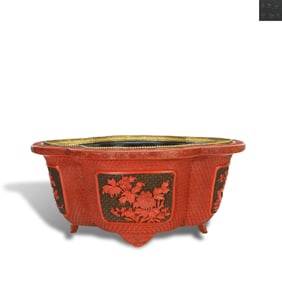 Qianlong period, Qing Dynasty Carved red lacquer begonia-shaped flowerpot with brocade ground and