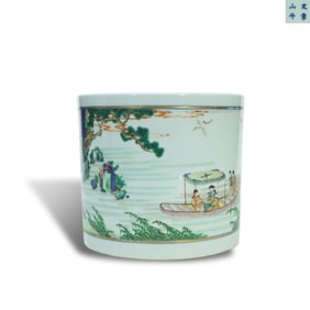 Kangxi period Qing Dynasty Blue-and-white wucai brush pot with poetic inscriptions from Second Ode