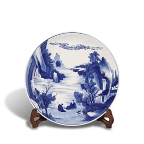 Qing Dynasty Kangxi period Blue-and-white plate with landscape and figure scenes