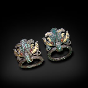 Warring States Period Pair of bronze door knockers with beast face motifs, inlaid with gold, silver,