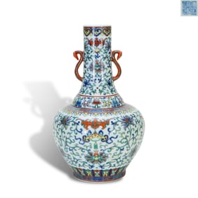 Daoguang period, Qing Dynasty Doucai vase with interlocking flower patterns and ruyi-shaped ears